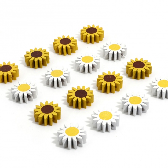 Bild von Hinoki Holz Zwischenperlen Spacer Perlen für die Herstellung von DIY-Charme-Schmuck Sonnenblume Bunt Gänseblümchen Muster, ca. 21.5mm x 21mm, 10 Stück