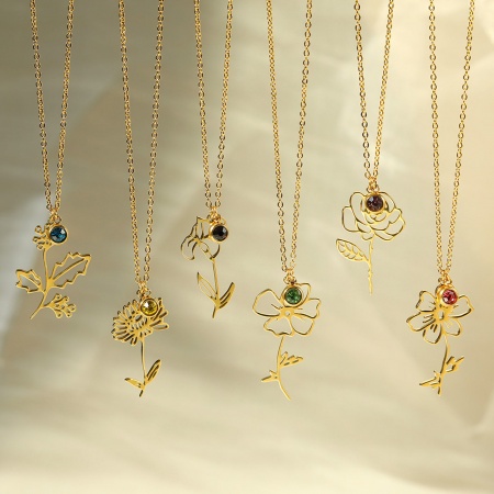 304 Stainless Steel Birth Month Flower Rolo Chain Necklace 18K Gold Plated Hollow 38cm(15") long
