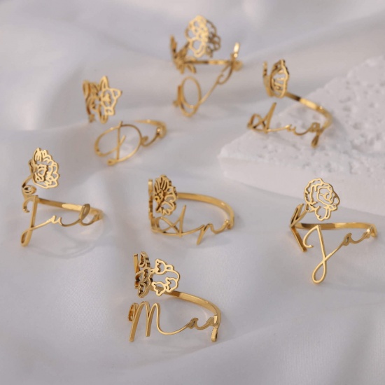 Imagen de 304 Acero Inoxidable Flor del Mes de Nacimiento Abierto Ajustable Anillos 18k Chapado en Oro Hueco 1 Unidad