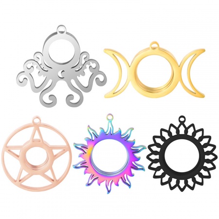 Eco-friendly 304 Stainless Steel & Glass Floating Living Memory Locket Pendants Multicolor Half Moon Sunflower