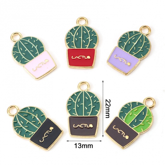 Picture of Zinc Based Alloy Charms Gold Plated Multicolor Cactus Enamel 22mm x 13mm