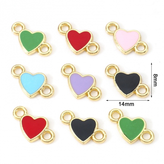 Picture of Zinc Based Alloy Valentine's Day Connectors Charms Pendants Gold Plated Multicolor Heart Enamel 14mm x 8mm