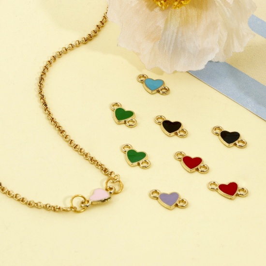 Picture of Zinc Based Alloy Valentine's Day Connectors Charms Pendants Gold Plated Multicolor Heart Enamel 14mm x 8mm
