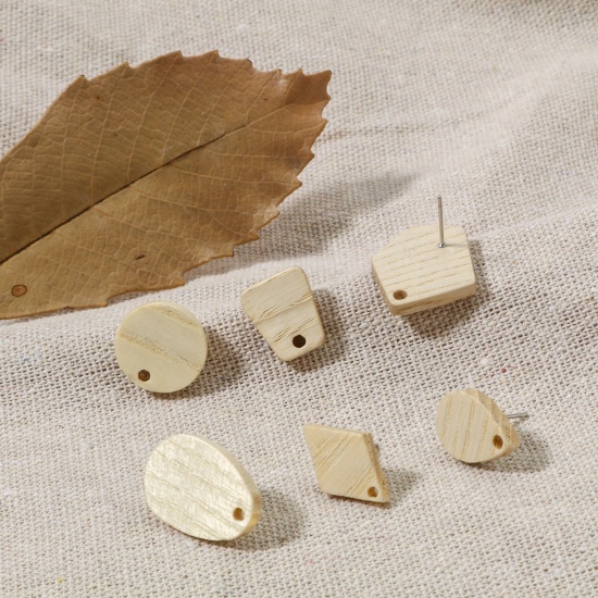 Picture of Fraxinus Wood Geometry Series Ear Post Stud Earrings Findings Heart Creamy-White Drop With Loop