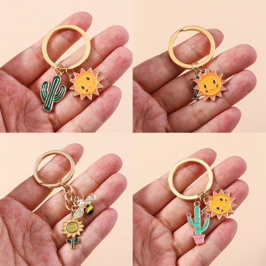 Bild von Pastoraler Stil Schlüsselkette & Schlüsselring Vergoldet Kaktus Sonnenblume Emaille 1 Stück