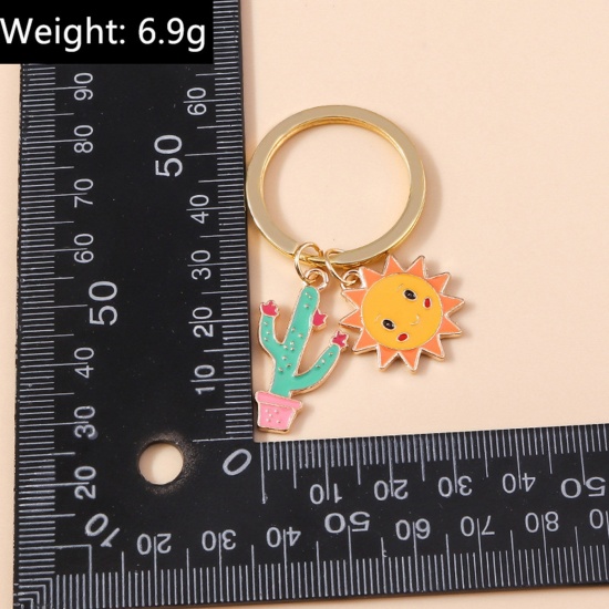 Picture of Pastoral Style Keychain & Keyring Gold Plated Cactus Sunflower Enamel