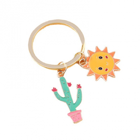 Bild von Pastoraler Stil Schlüsselkette & Schlüsselring Vergoldet Kaktus Sonnenblume Emaille 1 Stück
