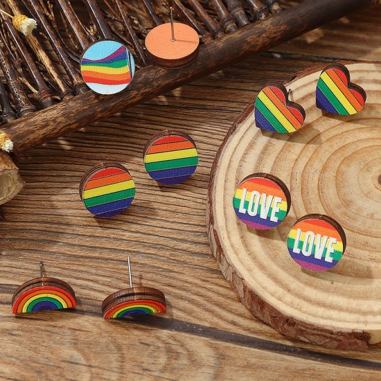 Picture of Wood Simple Ear Post Stud Earrings Round Rainbow