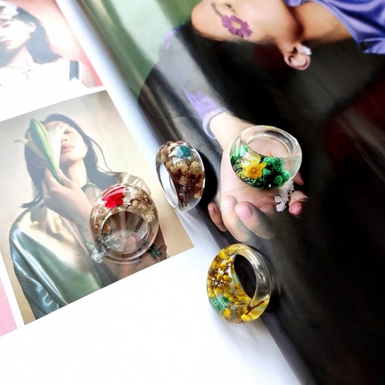 Picture of Resin Handmade Resin Jewelry Real Flower Unadjustable Rings Multicolor