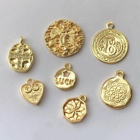 Brass Religious Charms 14K Real Gold Plated Round Carved Pattern