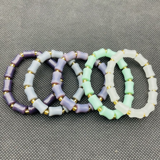 Immagine di Lampwork Vetro Elegante Bracciali Delicato bracciali delicate braccialetto in rilievo Multicolore Forma di Bambù Elastico 18cm Lunghezza, 1 Pz