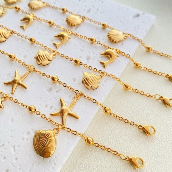 Immagine di Animali Marini 304 Acciaio Inossidabile Catena a Cavo Cavigliera con Ciondoli All'Ingrosso, Placcato Oro 18K Donne Gioielli Oceanici Squisito Regalo Fornitura di Gioielli, 18cm + 5cm Lunghezza, 1 Pz