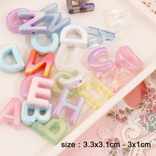 Picture of Acrylic Beads For DIY Charm Jewelry Making At Random Mixed Color AB Rainbow Color Capital Alphabet/ Letter Message " A-Z "