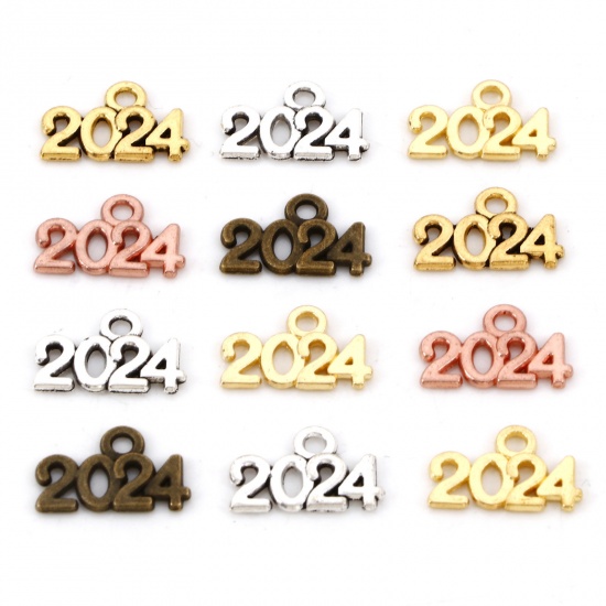 Immagine di Lega di Zinco Anno Charms Multicolore Lettere " 2024 " Filigrana 14mm x 9mm, 50 Pz