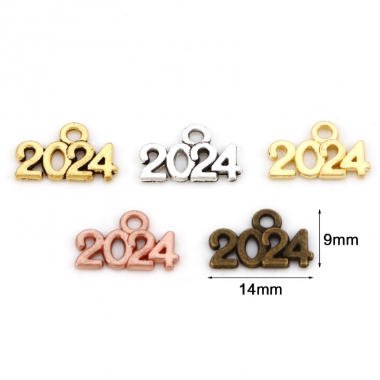 Immagine di Lega di Zinco Anno Charms Multicolore Lettere " 2024 " Filigrana 14mm x 9mm, 50 Pz