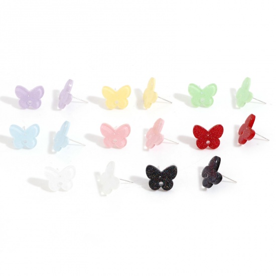 Picture of Acrylic Insect Ear Post Stud Earrings Findings Butterfly Animal Multicolor With Loop 15mm x 12mm