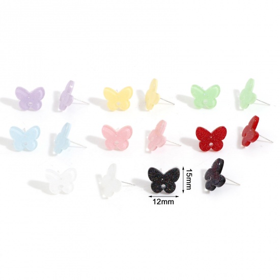 Picture of Acrylic Insect Ear Post Stud Earrings Findings Butterfly Animal Multicolor With Loop 15mm x 12mm