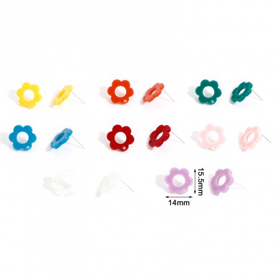 Picture of Acrylic Flora Collection Ear Post Stud Earrings Findings Flower Multicolor With Loop 15.5mm x 14mm