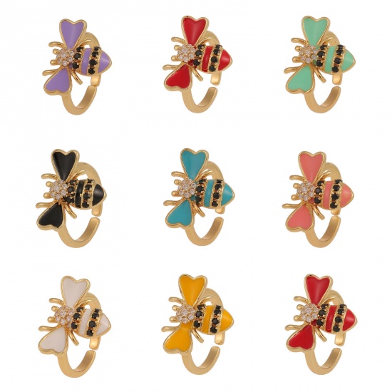 Picture of Eco-friendly Stylish Insect 18K Real Gold Plated Multicolor Copper & Cubic Zirconia Open Bee Animal Enamel Rings For Women Party