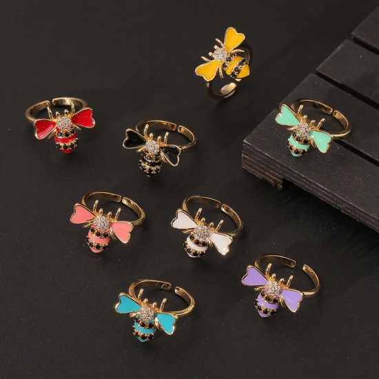 Picture of Eco-friendly Stylish Insect 18K Real Gold Plated Multicolor Copper & Cubic Zirconia Open Bee Animal Enamel Rings For Women Party