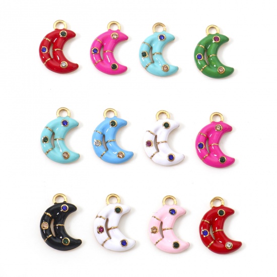 Imagen de 304 Acero Inoxidable Galaxia Colgantes Charms Luna Media Chapado en Oro Esmalte Multicolor Rhinestone 16.5mm x 11mm, 1 Unidad