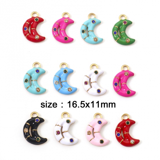 Imagen de 304 Acero Inoxidable Galaxia Colgantes Charms Luna Media Chapado en Oro Esmalte Multicolor Rhinestone 16.5mm x 11mm, 1 Unidad