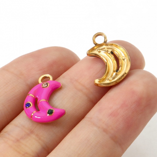 Imagen de 304 Acero Inoxidable Galaxia Colgantes Charms Luna Media Chapado en Oro Esmalte Multicolor Rhinestone 16.5mm x 11mm, 1 Unidad