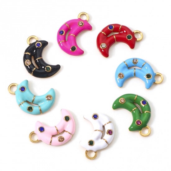 Imagen de 304 Acero Inoxidable Galaxia Colgantes Charms Luna Media Chapado en Oro Esmalte Multicolor Rhinestone 16.5mm x 11mm, 1 Unidad