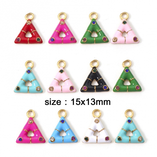 Immagine di 304 Acciaio Inossidabile Serie Geometry Charms Triangolo Oro Placcato Smalto Multicolore Strass 15mm x 13mm, 1 Pz