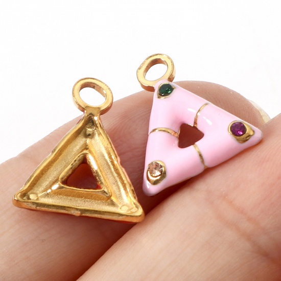 Immagine di 304 Acciaio Inossidabile Serie Geometry Charms Triangolo Oro Placcato Smalto Multicolore Strass 15mm x 13mm, 1 Pz