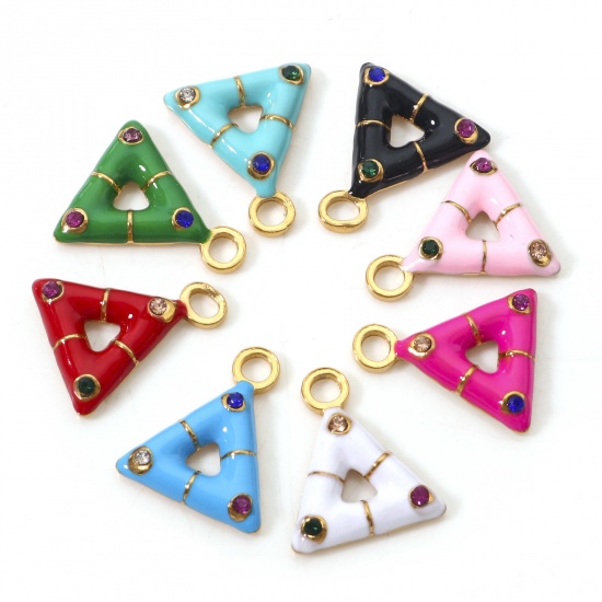 Immagine di 304 Acciaio Inossidabile Serie Geometry Charms Triangolo Oro Placcato Smalto Multicolore Strass 15mm x 13mm, 1 Pz