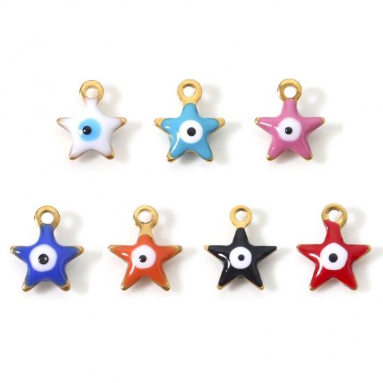 Picture of 304 Stainless Steel Religious Charms Multicolor Pentagram Star Evil Eye Double-sided Enamelled Sequins 10mm x 8.5mm