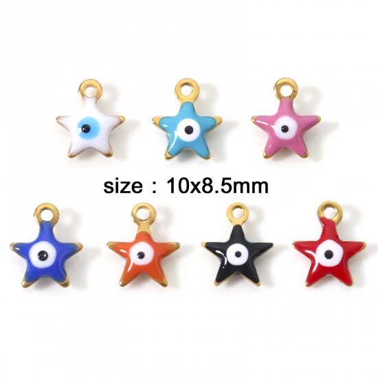 Picture of 304 Stainless Steel Religious Charms Multicolor Pentagram Star Evil Eye Double-sided Enamelled Sequins 10mm x 8.5mm