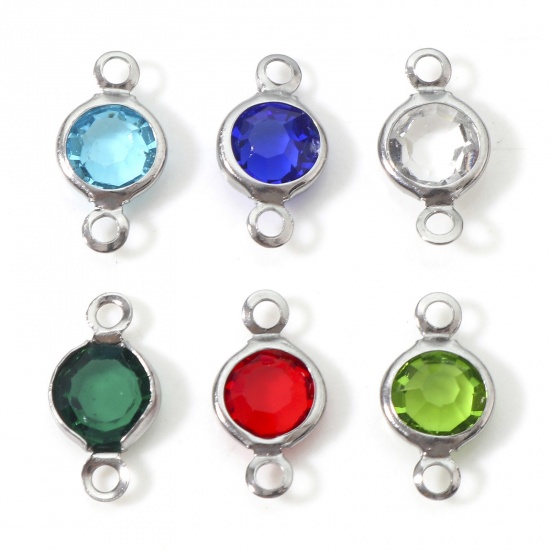 Picture of 304 Stainless Steel & Glass Connectors Charms Pendants Silver Tone Multicolor Round Faceted 13mm x 7mm