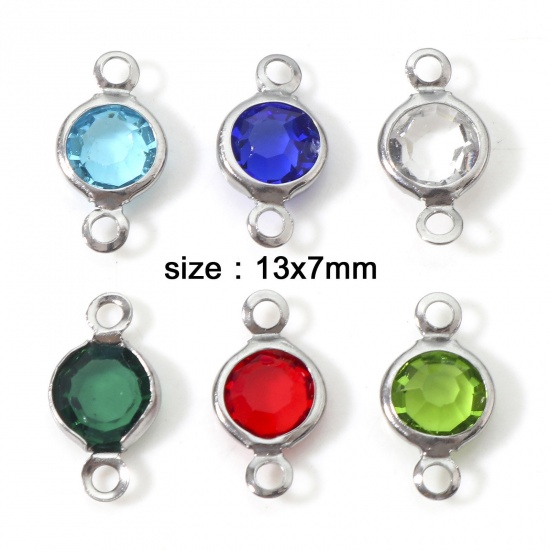 Picture of 304 Stainless Steel & Glass Connectors Charms Pendants Silver Tone Multicolor Round Faceted 13mm x 7mm