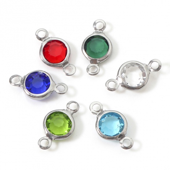 Picture of 304 Stainless Steel & Glass Connectors Charms Pendants Silver Tone Multicolor Round Faceted 13mm x 7mm