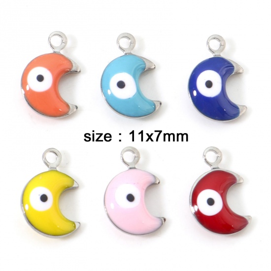 Picture of 304 Stainless Steel Religious Charms Silver Tone Multicolor Half Moon Evil Eye Double-sided Enamelled Sequins 11mm x 7mm