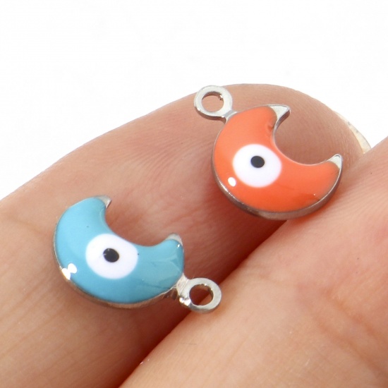 Picture of 304 Stainless Steel Religious Charms Silver Tone Multicolor Half Moon Evil Eye Double-sided Enamelled Sequins 11mm x 7mm