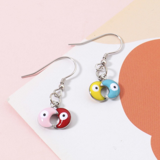Picture of 304 Stainless Steel Religious Charms Silver Tone Multicolor Half Moon Evil Eye Double-sided Enamelled Sequins 11mm x 7mm