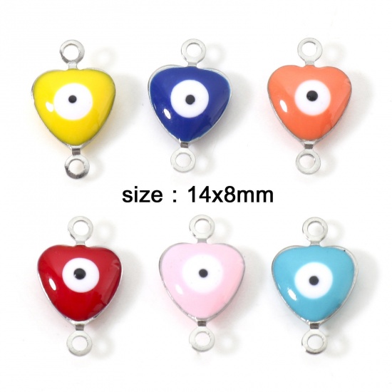 Picture of 304 Stainless Steel Religious Connectors Charms Pendants Silver Tone Multicolor Heart Double-sided Enamelled Sequins 14mm x 8mm