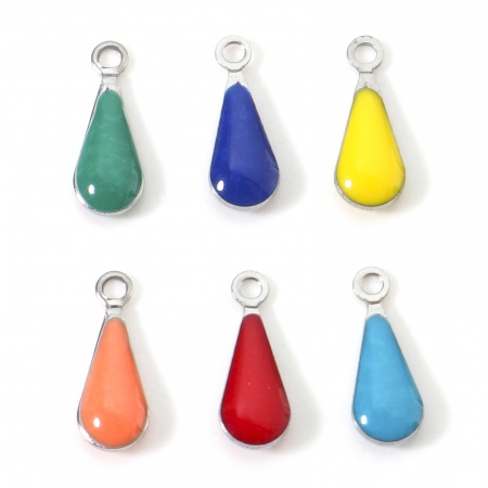 304 Stainless Steel Charms Silver Tone Multicolor Drop Double-sided Enamelled Sequins 12mm x 5mm