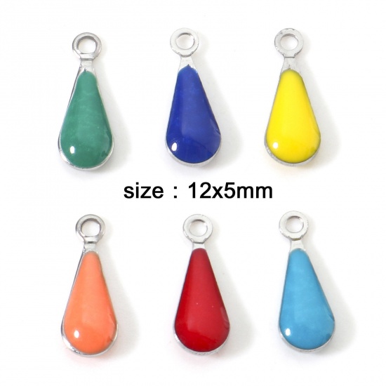 Image de Breloques en 304 Acier Inoxydable Goutte d'Eau Argent Mat Multicolore Sequins Emaillés Double Face 12mm x 5mm , 10 Pcs