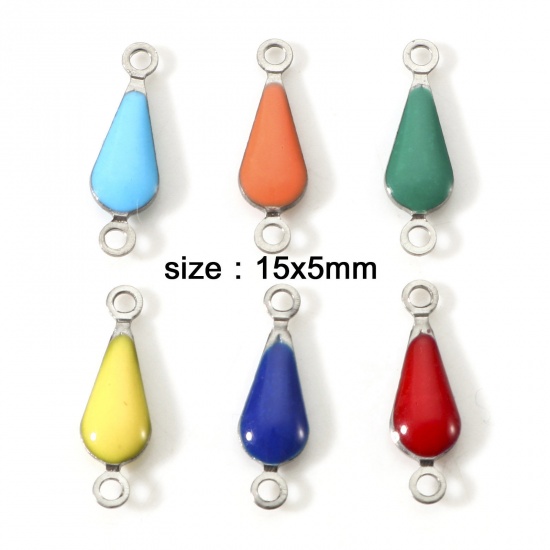 Picture of 304 Stainless Steel Connectors Charms Pendants Silver Tone Multicolor Drop Double-sided Enamelled Sequins 15mm x 5mm