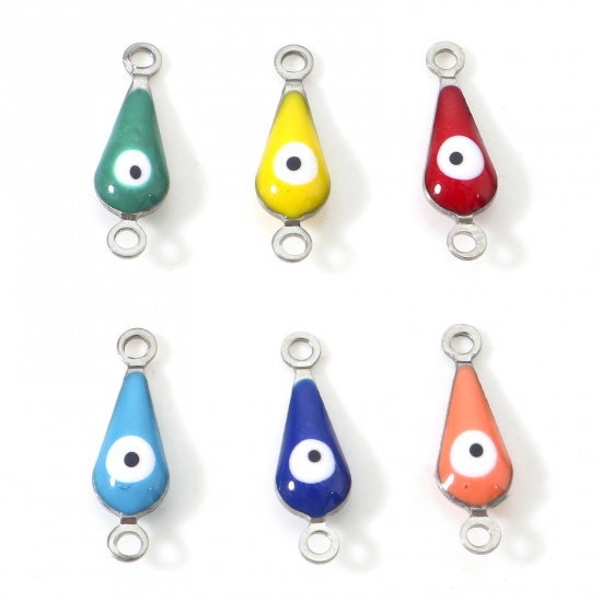 Picture of 304 Stainless Steel Religious Connectors Charms Pendants Silver Tone Multicolor Drop Evil Eye Double-sided Enamelled Sequins 15mm x 5mm