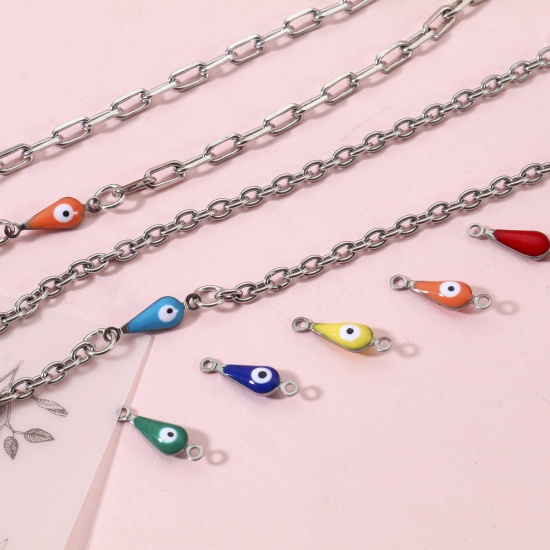Picture of 304 Stainless Steel Religious Connectors Charms Pendants Silver Tone Multicolor Drop Evil Eye Double-sided Enamelled Sequins 15mm x 5mm