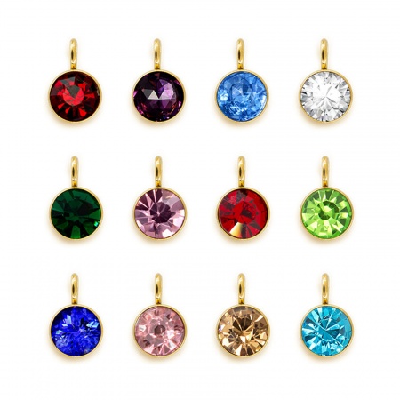 304 Edelstahl Monatsstein Charms Rund Vergoldet Bunt 6mm x 9mm, 5 Stück