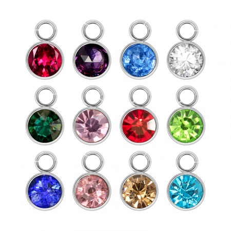 304 Edelstahl Monatsstein Charms Rund Silberfarbe Bunt 6mm x 9mm, 10 Stück