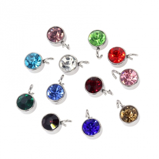 Picture of 304 Stainless Steel Birthstone Charms Silver Tone Multicolor Round 6mm x 9mm
