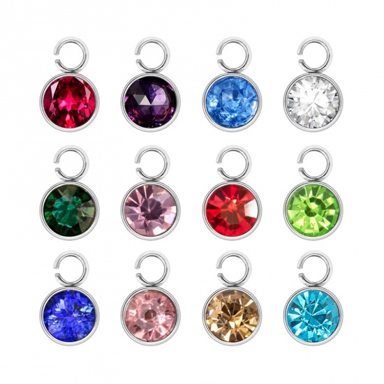 Picture of 304 Stainless Steel Birthstone Charms Silver Tone Multicolor Round 6mm x 9mm