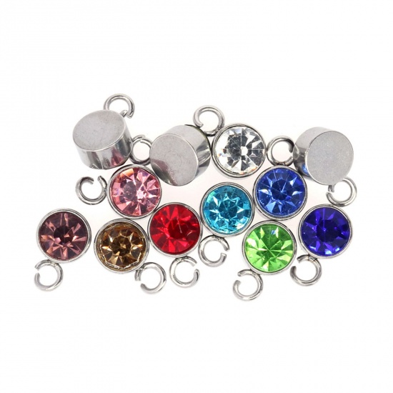 Picture of 304 Stainless Steel Birthstone Charms Silver Tone Multicolor Round 6mm x 9mm